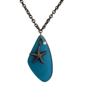 Large Deep Teal Sea Glass Starfish & Faux Pearl Pendant Necklace Ocean Jewelry